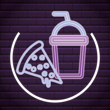 Smoothie drink and pizza slice over purple background, colorful neon design. vector illustrationのイラスト素材