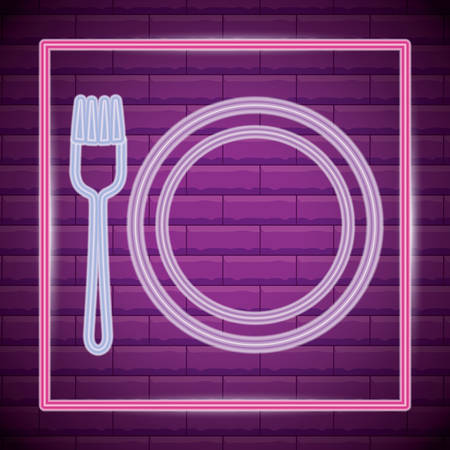 Fork and plate over purple background, colorful neon design. vector illustrationのイラスト素材
