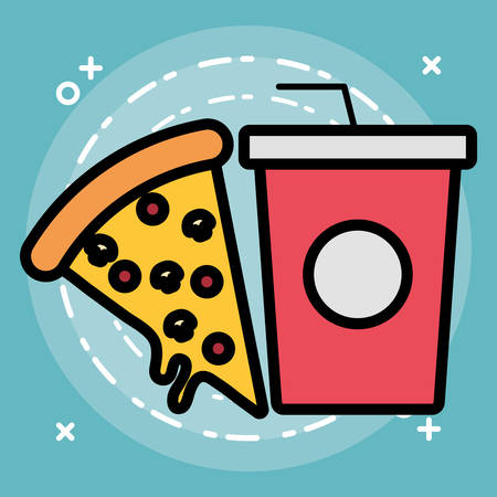 soft drink cup and pizza slice over blue background, colorful design. vector illustrationのイラスト素材