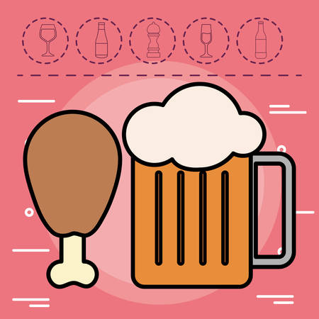 chicken thigh and Beer jar over red background, colorful design. vector illustrationのイラスト素材