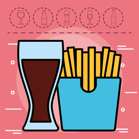 drink glass and french fries box over red background, colorful design. vector illustrationのイラスト素材