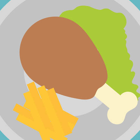 plate with Chicken thigh with salad and french fries over blue background, vector illustrationのイラスト素材