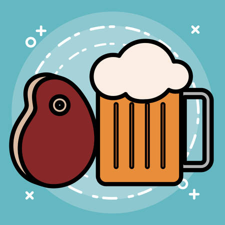 Beer jar and steak of meat over blue background, colorful design. vector illustrationのイラスト素材