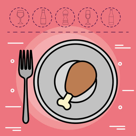 plate with Chicken thigh over red background, colorful design. vector illustrationのイラスト素材