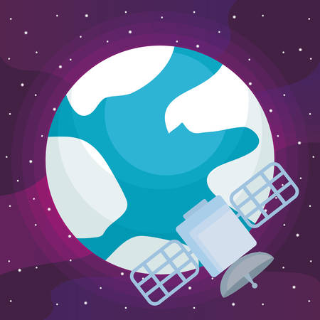 satellite and earth planet over space background, colorful design. vector illustrationのイラスト素材