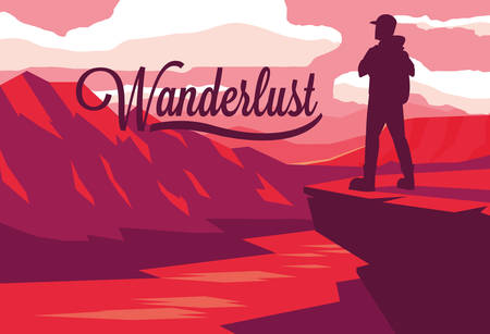 scene landscape with river and traveler wanderlust vector illustration designのイラスト素材