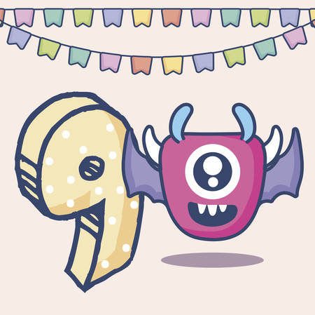 cute monster with number nine birthday card vector illustration designのイラスト素材
