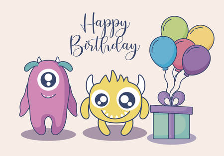 monsters with balloons helium and gift birthday card vector illustration designのイラスト素材