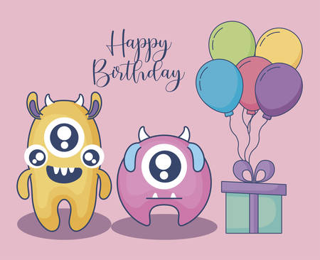 monsters with balloons helium and gift birthday card vector illustration designのイラスト素材