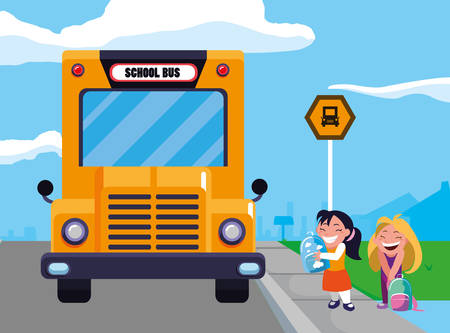happy student girls in the school bus stop scene vector illustration design