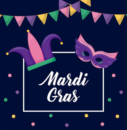 mardi gras card with joker hat and mask vector illustration designのイラスト素材