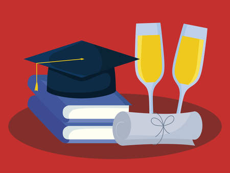 graduation card with books and hat graduation vector illustration designのイラスト素材