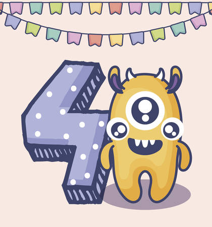 cute monster with number four birthday card vector illustration designのイラスト素材
