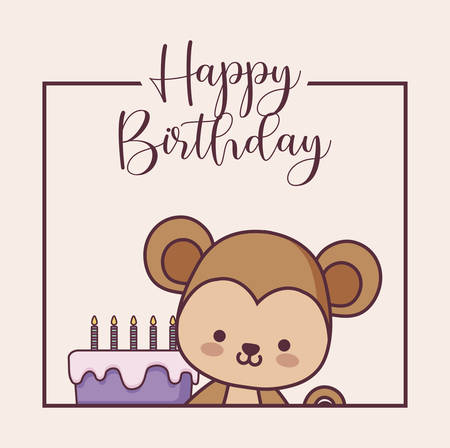 cute monkey happy birthday card with cakeのイラスト素材