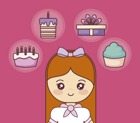 happy birthday with little girl and set icons vector illustration designのイラスト素材