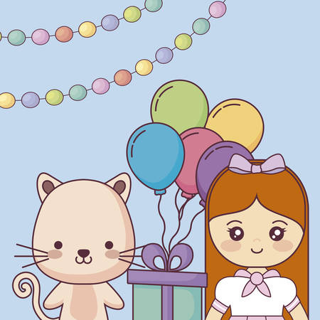 cute cat with little girl happy birthday card vector illustration designのイラスト素材