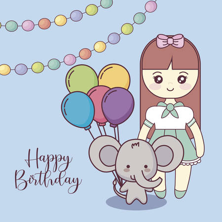 cute elephant with little girl happy birthday card vector illustration designのイラスト素材