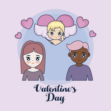 valentine day card with couple and cupid vector illustration designのイラスト素材