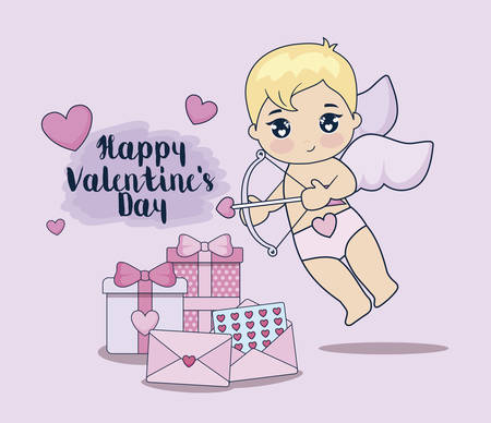 valentine day card with cupid and set icons vector illustration designのイラスト素材
