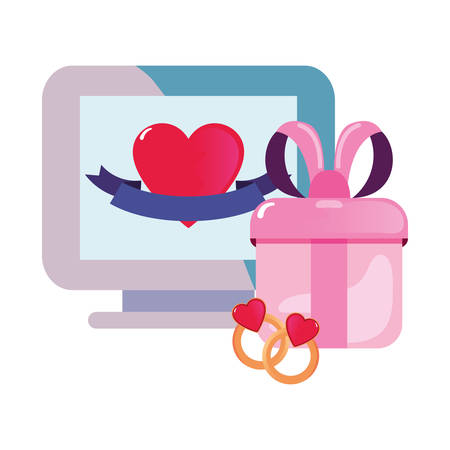 computer and rings gift happy valentines day vector illustrationのイラスト素材