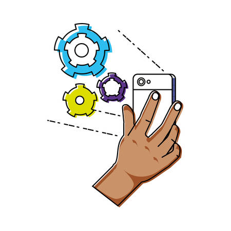 hand using smartphone with gear settings vector illustration designのイラスト素材