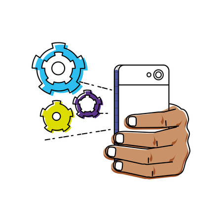 hand using smartphone with gear settings vector illustration designのイラスト素材