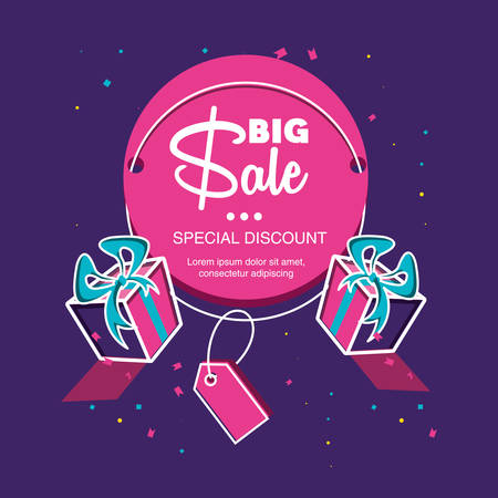 big sale label with gifts and tag vector illustration designのイラスト素材