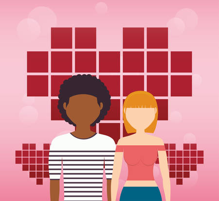 lovers couple with checkered hearts vector illustration designのイラスト素材