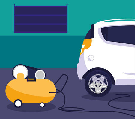 white car in maintenance workshop vector illustration designのイラスト素材