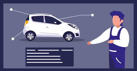 car in maintenance workshop with mechanic working vector illustration designのイラスト素材