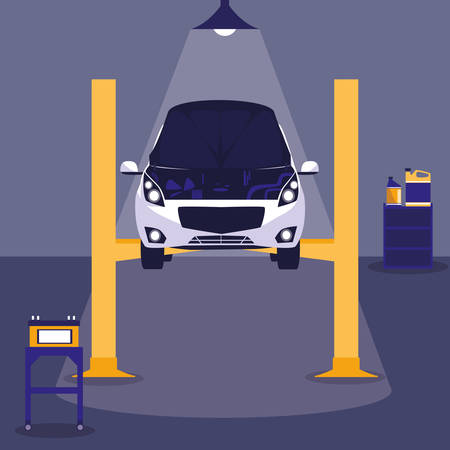 white car in maintenance workshop vector illustration designのイラスト素材