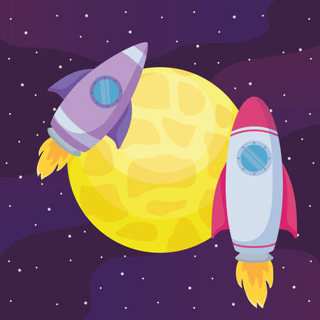 Rocket spaceships around a planet over space background, colorful design. vector illustrationのイラスト素材