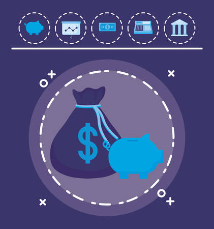 piggy bank and Money bag over blue background, colorful design. vector illustrationのイラスト素材