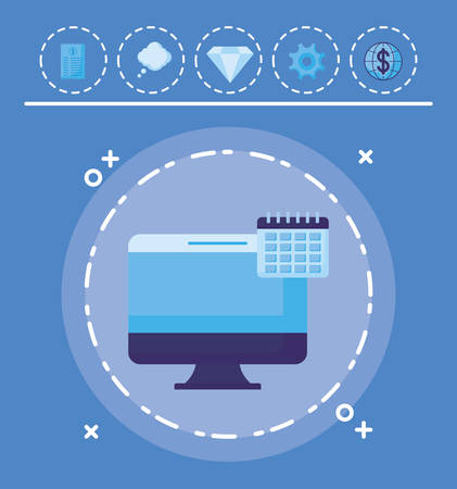 computer and calendar with money related icons over blue background, vector illustrationのイラスト素材