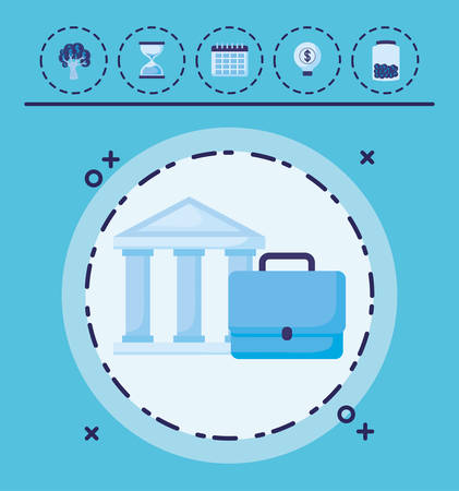 Bank building and briefcase with money related icons over blue background, vector illustrationのイラスト素材