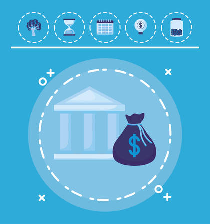 Bank building and money bag with money related icons over blue background, vector illustrationのイラスト素材
