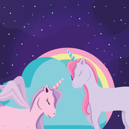 cute unicorns over purple background, veector illustrationのイラスト素材