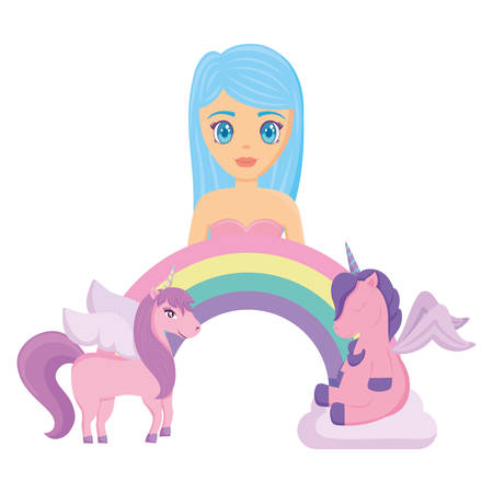 Girl with Cute unicorns and rainbow over white background, colorful design. vector illustrationのイラスト素材