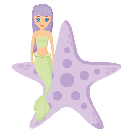 sea star and mermaid over white background, colorful design. vector illustrationのイラスト素材