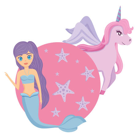cute Mermaid and  unicorn over white background, colorful design. vector illustrationのイラスト素材