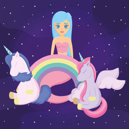 Cute unicorn with rainbow and mermaid over purple background, colorful design. vector illustrationのイラスト素材
