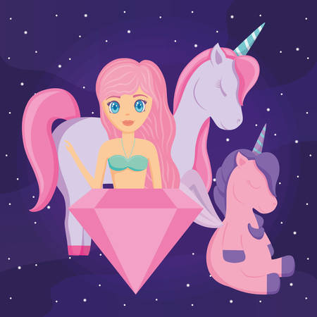 Cute unicorns with mermaid and diamond over purple background, colorful design. vector illustrationのイラスト素材
