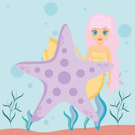 sea star and mermaid over sea background, colorful design. vector illustrationのイラスト素材