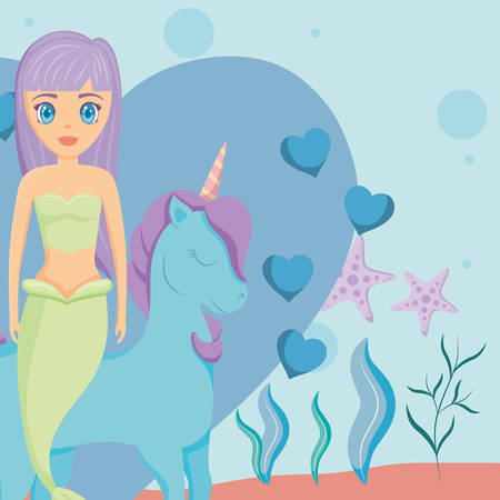 Heart with Cute unicorn and mermaid over blue background, colorful design. vector illustrationのイラスト素材