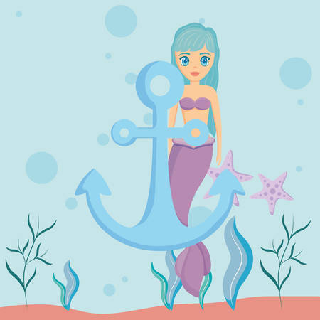 cute mermaid and anchor over sea background, colorful design. vector illustrationのイラスト素材