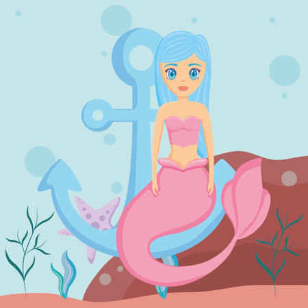 cute mermaid and anchor over sea background, colorful design. vector illustrationのイラスト素材