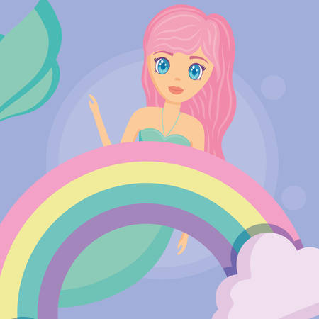 cute mermaid and rainbow over purple background, vector illustrationのイラスト素材