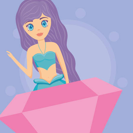 cute mermaid and diamond over purple background, vector illustrationのイラスト素材