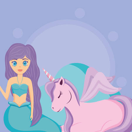 Cute unicorn and mermaid over purple background, colorful design. vector illustrationのイラスト素材