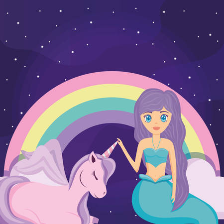 Cute unicorn with rainbow and mermaid over purple background, colorful design. vector illustrationのイラスト素材